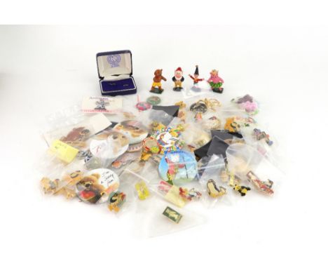 A collection of vintage and modern pins and badges, including Bears and Friends; Rupert, Steiff, Toy store collectors club, P