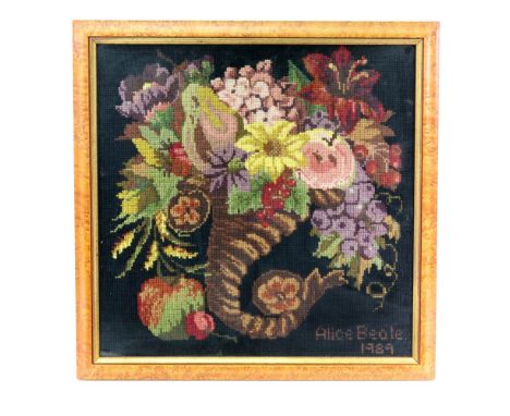 A framed tapestry of a King Charles Spaniel by Alice Beale, dated 1988, 39 x 38cm, together with a framed tapestry by the sam