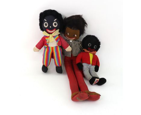 A vintage Merrythought Golliwogg doll, felt face with painted features, stitched fabric body, striped jacket and sandals, 60c