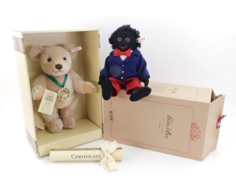 A Steiff Hercule, Monaco Bear, 1995, 28cm, with certificate and original box, and a modern Steiff Golly Boy, 27cm, with certi