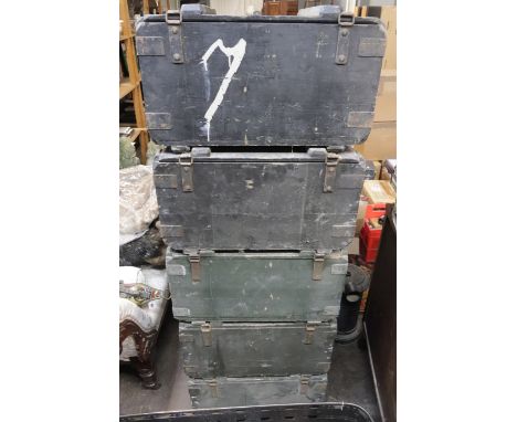 A collection of five vintage painted wooden ammunition boxes, approximately 58 x 41 x 33cm.