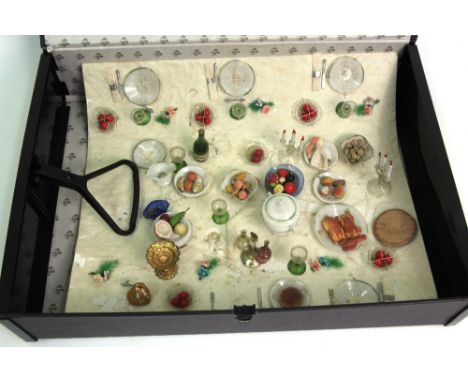 A doll's vintage Italian glass, plaster and metal dinner service including candelabrum, drinking glasses. flatware, cutlery, 