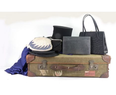 Two folding silk opera hats, Art Deco French evening bag, blue leather silk lined handbag, Waddbag, and another, length of bl