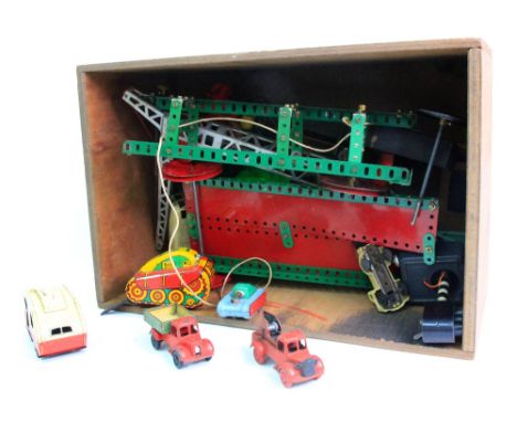 A lithographed tinplate clockwork tank, another, D.B.C.H. tinplate crane, some Meccano, Astra signals for a train set, Winky-