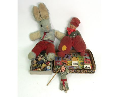 A Chad Valley velvet covered soft toy, a Merrythought rabbit, an Asian puppet, wooden animal puzzle, model toy animals and fi