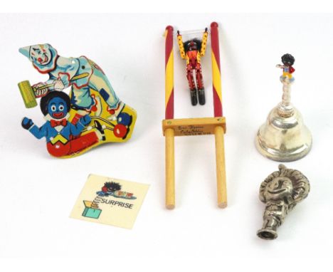 A vintage child's umbrella with painted plastic Golliwogg handle, and Eric Horne painted wooden toy, a tin plate and silver-p