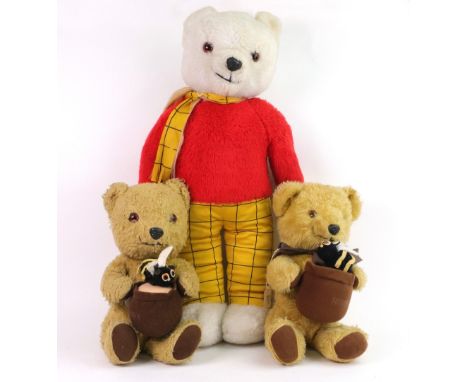 A Tebro talking Rupert Bear, with pull cord, 60cm, and two Chad Valley blond bears with a honey pot and bumble bee, 29cm, (3)