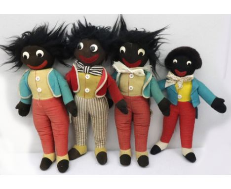 Four vintage Golliwogg dolls by Merrythought, each with stitched fabric and velveteen bodies, one with an interior bell, 37cm