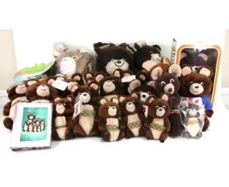 A collection of Misha bear Moscow 1980 mascot soft toys, by Chad Valley, R Dakin & Co USA, Efte and others, some with origina