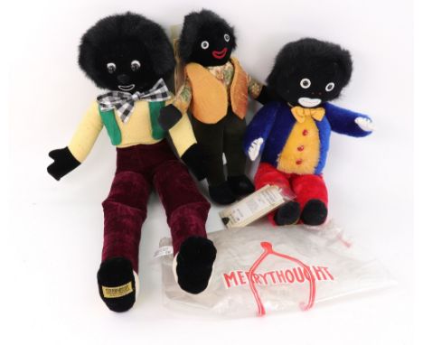 A Golliwogg doll by Merrythought "Jolly Golliwogg" 405/500, stitched velveteen body, 32cms, another Merrythought "Our First G