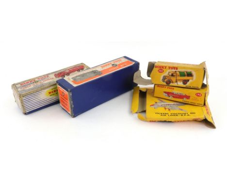 Five Dinky Toys original cardboard boxes, 174 Hudson Hornet Sedan, 252 Refuse Wagon, 581 House Box, 708 Vickers Viscount 800 