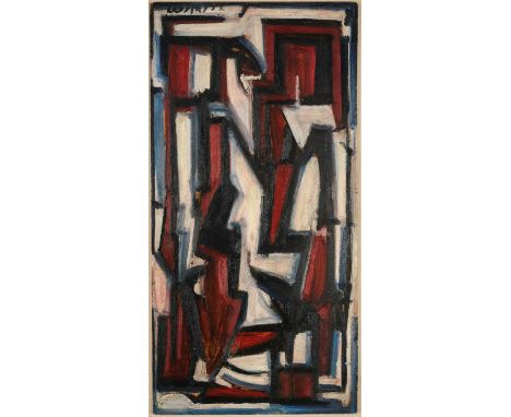 ⊕ RED BLACK SEATED FIGUREsigned and dated LEO DAVY 1952 top leftoil on board 60 x 30cm; 23 1/2 x 11 3/4in76 x 46cm; 30 x 18in