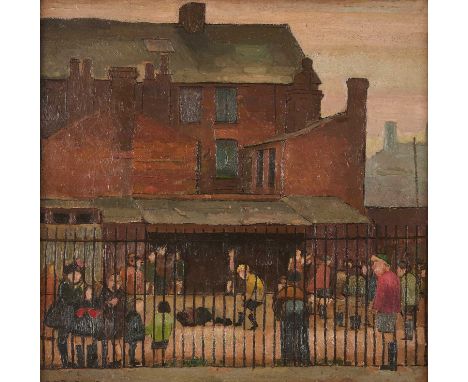 ⊕ MILLOM SCHOOL PLAYGROUND, MILLOM TOWN, CUMBRIAsigned and dated D.F.Bates.1950 lower leftoil on canvas51 x 51cm; 20 x 20in53