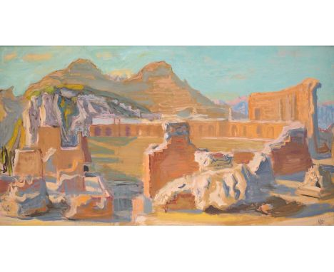 ⊕ ANCIENT RUINS IN TAORMINA, ITALYsigned with initials lower rightoil on canvas51 x 92cm; 20 x 36in74 x 114cm; 29 x 45in (fra