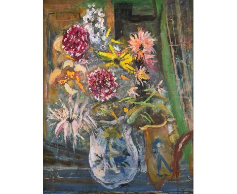 ⊕ STILL LIFE WITH DAHLIASoil and charcoal on canvas62 x 48cm; 24 1/2 x19in69 x 55.5cm; 27 1/4 x 21 3/4 (framed)Painted in 199