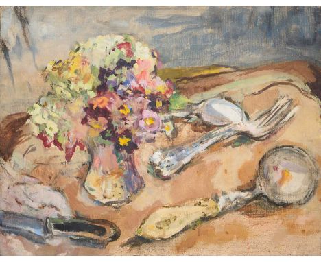 ⊕ MIXED FLOWERS IN A VASE WITH CUTLERYoil on canvas35.5 x 46cm; 14 x 18inunframedPainted in the 1940s, Schlenker comments: 'M
