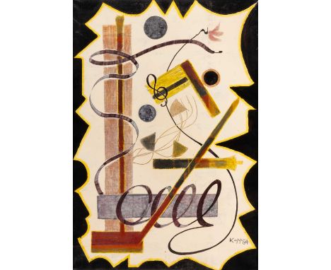 ⊕ ABSTRACT COMPOSITION WITH SET SQUARES AND DISKSsigned and dated Kapp '64 lower rightoil on canvas72 x 49.5cm; 28 1/2 x 19 1
