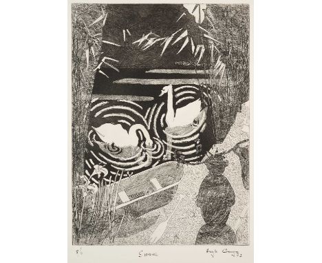 ⊕ SWANS ON THE STOURsigned, titled, numbered and dated 8/12 Swans Hugh Cronyn 72 lower marginetching48 x 35cm; 19 x 13 3/4in7