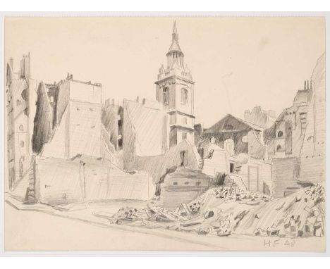 ⊕ BOMB DAMAGE, LONDONsigned with initial  HF and dated 48pencil on paper 16.5 x 23cm; 6½ x 9inunframed