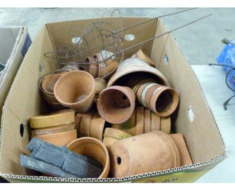 A box of various terracotta plant pots and a wirework squirrel model