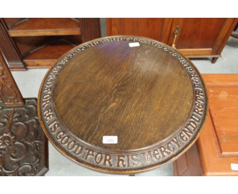 Oak tripod table, carved religious verse