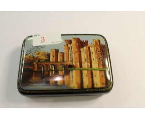 A papier mache table snuff or trinket box, the lid painted with a view of Herstmonceux Castle, 12cm x 8cm x 2.5cm high, marke