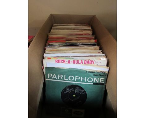 A box of approximately 130+ 1960's 7" singles including The Beatles, Rolling Stones, Donovan, Bob Dylan, The Kinks etc