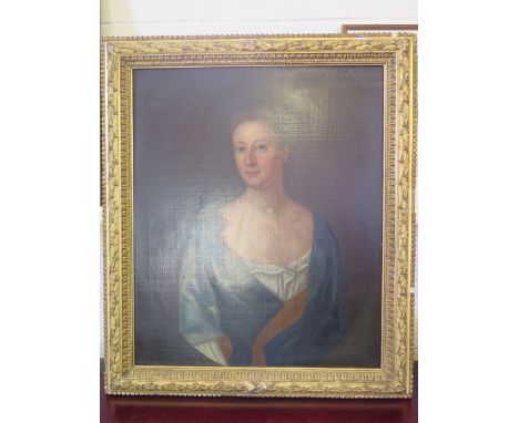 A gilt framed oil on canvas portrait - entitled Mrs Ann Estcourt of Newnton AD 1700 - frame size 79 cm x 93 cm - internal 61 