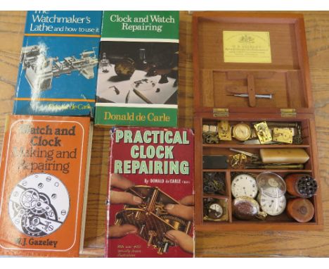 A mahogany box containing watch repairers tools, parts etc. pocket watches for repair together with four books on clock and w