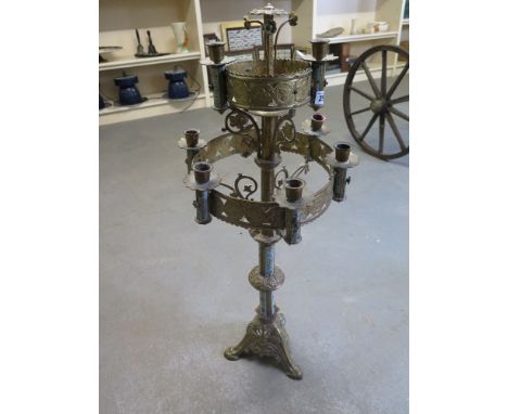 A French early 20th century two tier Gothic candelabra with pierced and cast decoration, highlighted in blue enamel - Height 