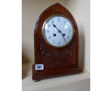 An eight day French mantel clock by Japy Frier mahogany case with Lancet top 
Condition report: Working with key