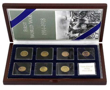 First World War Gold 7-Coin Set, comprising: Austria gold 20 corona 1915 restrike (AUNC); France gold 20 francs 1910 (AEF); I