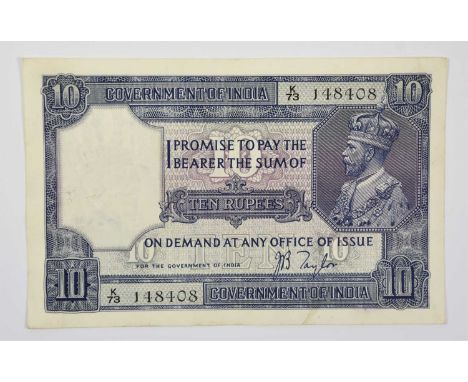 ♦India, British Administration 10 Rupees 1917-30, signed J.B. Taylor, serial no. K/73 148408, counter stamped 'Wadi Bunder' t