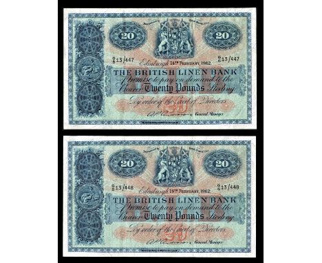 2 x Scotland, The British Linen Bank £20 1962, signed A.P. Anderson (General Manager), dated 14th February 1962, consecutive 