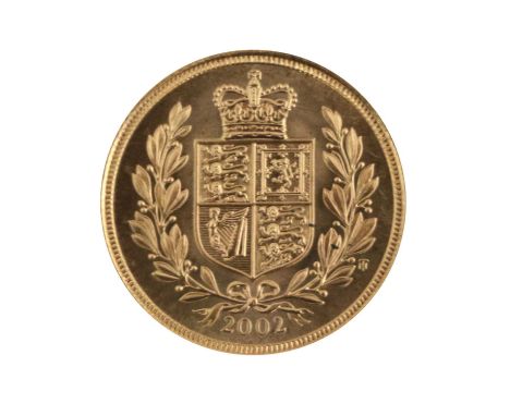 Elizabeth II, Sovereign 2002, obv. Rank-Broadley portrait of the Queen, rev. Golden Jubilee Shield design by Timothy Noad, en