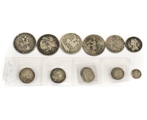 12 x British Silver, including: 4 x crowns: George III 1818 Good, George IV 1821 Fair, Victoria 1845 near Fine, and unidentif