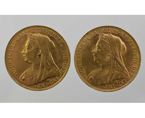 2 x Victoria, Sovereigns 1899 and 1900P, London and Perth Mints, obv. old veiled head left, rev. Pistrucci, light contact mar