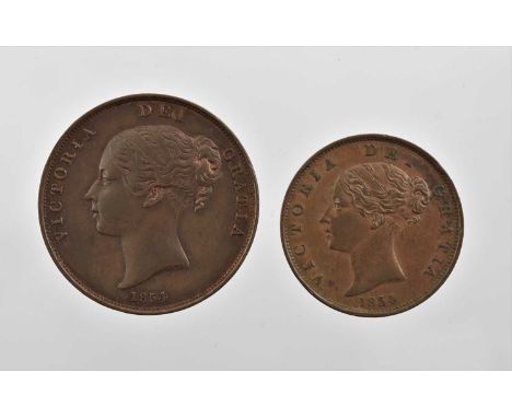 2 x Victoria 'Young Head' AE 1854, comprising: penny rev. plain trident (S.3948), scratches to bust and light contact marks, 