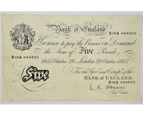 Bank of England, White Five Pounds 1955, signed L.K. O'Brien, London 29th October 1955, serial no. B18A 044505, (Pick 345; BE
