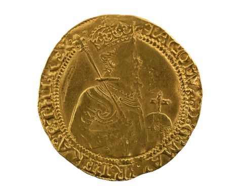 James I, Gold Unite, Second Coinage 1604-1619, (36mm, 9.78g), mm cinquefoil, IACOBVS D G MA BRI FRA ET HI REX, crowned and ar