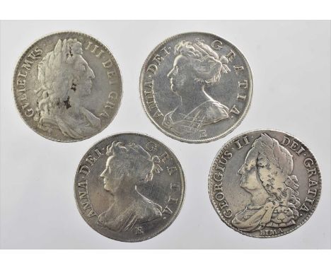 4 x Halfcrowns, comprising: William III 1696 OCTAVO obv. first laurate and draped bust right, rev. large shields with early h
