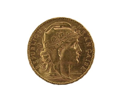 France, Gold 20 Francs 1912, (.900 gold, 21mm, 6.45g), obv. Liberty head right wearing Phrygian cap wreathed with oak leaves,