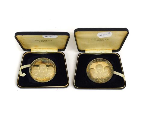 2 x Apollo 11 Silver Commemorative Medallions 1969, (.925 silver, 58mm, c.71g each), struck by William James Dingley for Alec