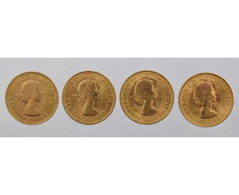 4 x Elizabeth II, Sovereigns 1958, 1962 and 1963(x2), obv. young head right, BRITT: OMN omitted, rev. Pistrucci, light contac