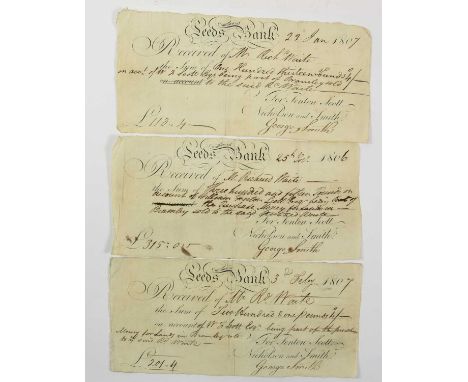 3 x Leeds Commercial Bank Cheques, comprising: (1) 25th November 1806 sum of £315/0/1 for Mr Richard Maite; (2) 22nd January 