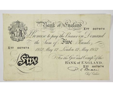 Bank of England, White Five Pounds 1952, signed Beale, 12th May 1952, (Pick 345), four prominent vertical fold marks, other m