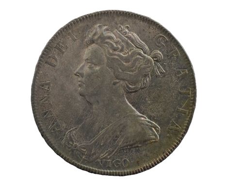 Anne, Halfcrown 1703 TERTIO, obv. draped bust left, VIGO below, rev. crowned shields of arms, plain angles, (S.3580; Bull 135