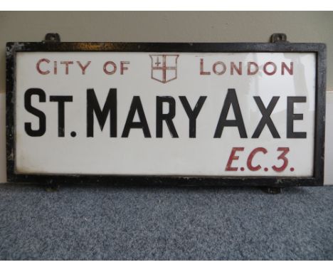 Vintage London street sign St Mary Axe. Approximate size: 69x30cm. PLEASE NOTE THIS ITEM IS COLLECTION ONLY OR DELIVERY AVAIL