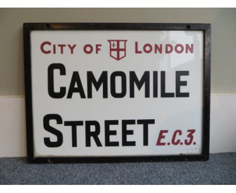 Vintage London street sign Camomile Street. No back plate. Approximate size: 61x46cm. PLEASE NOTE THIS ITEM IS COLLECTION ONL