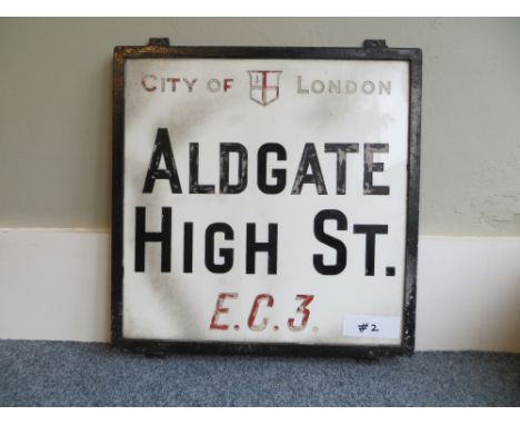 Vintage London street sign Aldegate High Street (#2). Approximate size: 53.5x53.5cm. PLEASE NOTE THIS ITEM IS COLLECTION ONLY